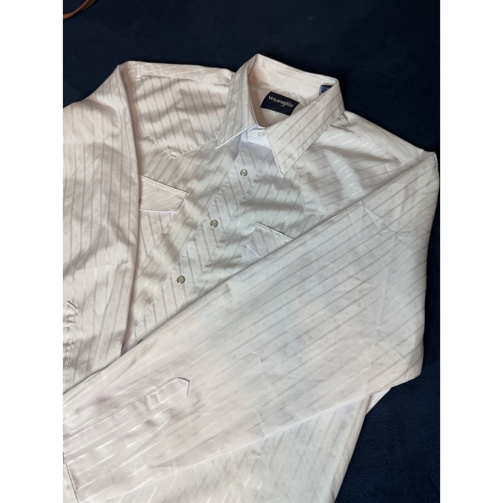 Vtg Wrangler Ranchwear Pearl Snap Long Tail Men Shirt L White Striped USA
